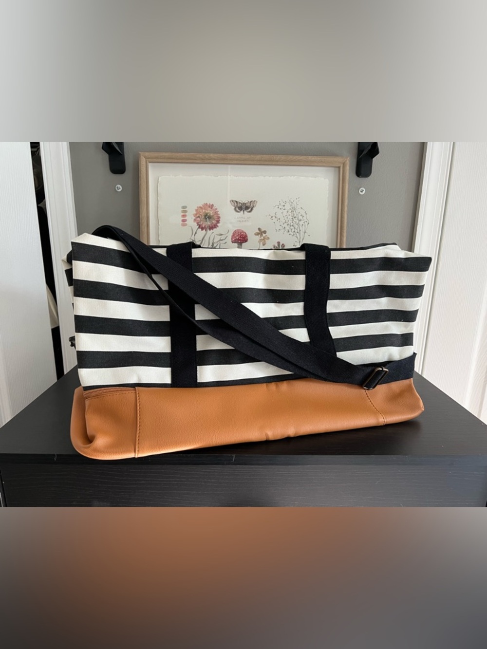 Canvas Stripe Weekender Bag with Tan Faux-Leather Base
